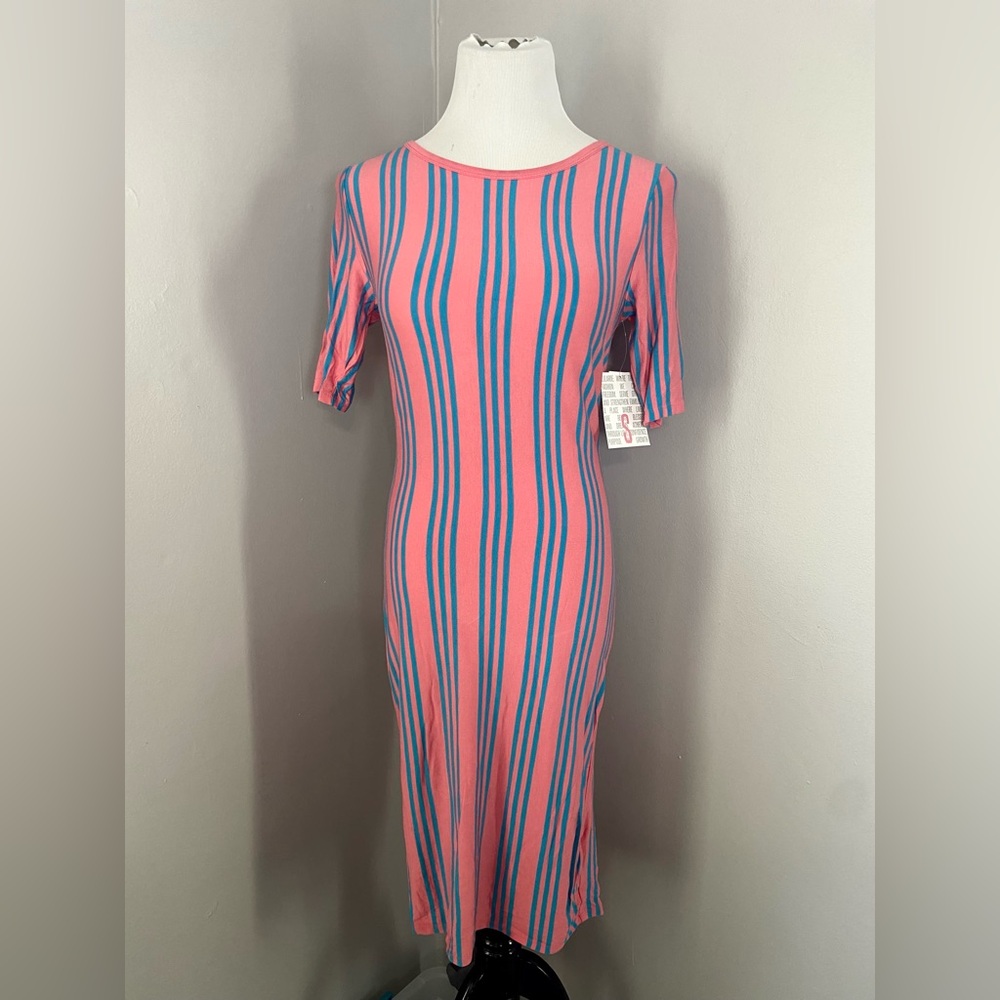 LuLaRoe Julia Dress Pink with Blue Vertical Stripes Midi Form Fittint